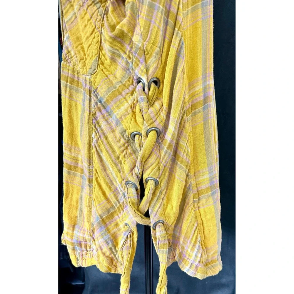 Free People Mustard Yellow Plaid Lace Up‎ Side Oversized Button Down Shirt XS